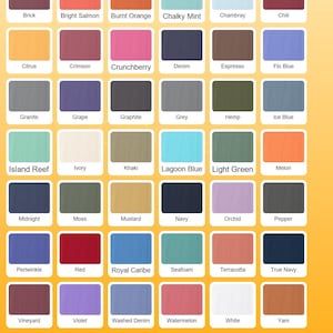 May include: A color chart featuring a variety of Comfort Color Tee shirt hues. The chart displays 48 different colors, including Bay, Berry, Black, Blossom, and Blue Jean. The text "COMFORT COLOR TEE" is at the bottom.