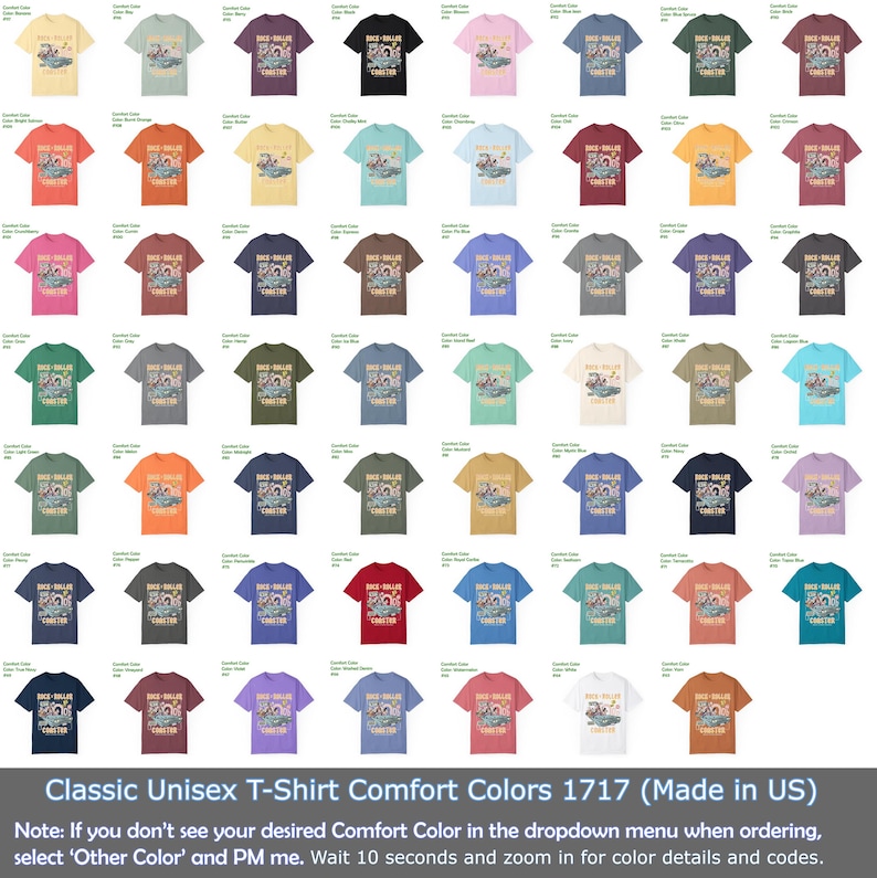 Puede incluir: Una colecci&oacute;n de camisetas unisex cl&aacute;sicas en varios colores, cada una con un dise&ntilde;o gr&aacute;fico. Las camisetas se muestran en una cuadr&iacute;cula, mostrando una amplia gama de tonos, desde pasteles hasta tonos llamativos. El texto "Classic Unisex T-Shirt Comfort Colors 1717 (Made in US)" est&aacute; en la parte inferior.