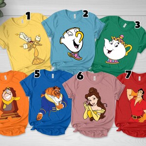 Personalized Beauty And The Beast Family Matching T-Shirts Featuring Belle, Gaston, Cogsworth, LeFou, Mrs. Potts & Lumiere image 1