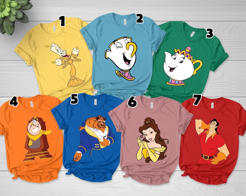 Personalized Beauty And The Beast Family Matching T-Shirts Featuring Belle, Gaston, Cogsworth, LeFou, Mrs. Potts & Lumiere image 1