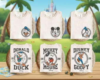 T-shirt Disney vintage Mickey & Co, motif Mickey à carreaux, voyage Disney 2026, t-shirt vacances en famille Disney, Mickey rétro des années 90 et ses amis