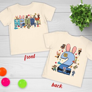 Maglietta di compleanno personalizzata di Zootopia, maglietta per feste per bambini con nome per maschietti e femminucce, completo con animali dei cartoni animati per bambini piccoli immagine 3