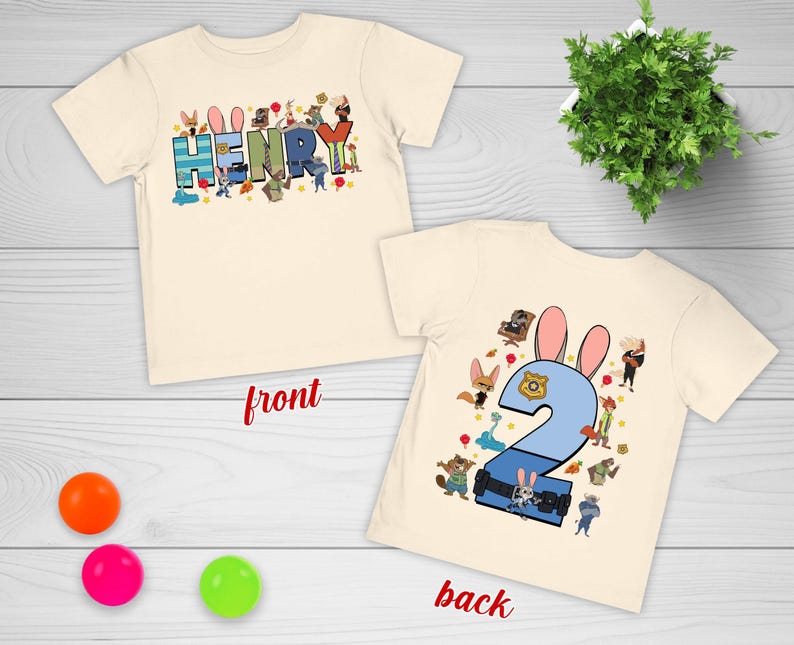 Maglietta di compleanno personalizzata di Zootopia, maglietta per feste per bambini con nome per maschietti e femminucce, completo con animali dei cartoni animati per bambini piccoli immagine 3