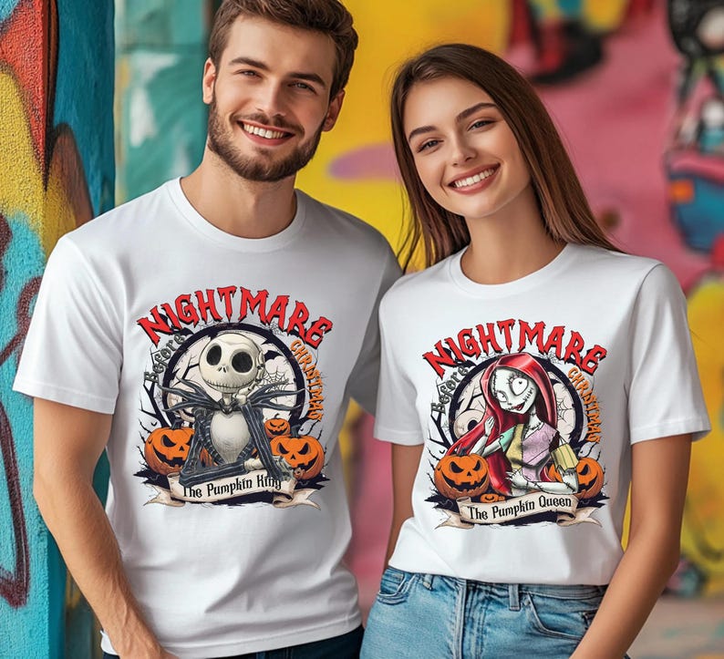 Jack and Sally Halloween Couple Tee, Nightmare Before Christmas Shirt, Jack Skellington Pumpkin King & Sally Pumpkin Queen Shirt image 7