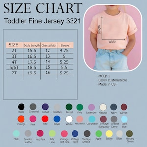 May include: A size chart for toddler fine jersey t-shirts, with measurements in inches for body length, chest width, and sleeve length. Includes a color palette with options like black, pink, and navy. The image also shows a child wearing a peach-colored t-shirt.