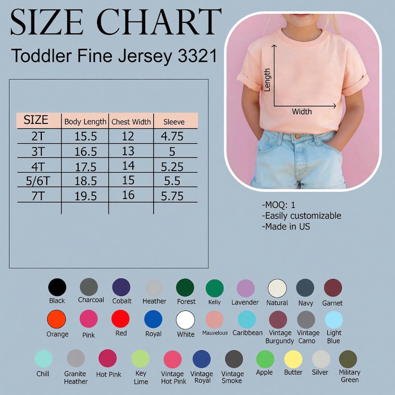 May include: A size chart for toddler fine jersey t-shirts, with measurements in inches for body length, chest width, and sleeve length. Includes a color palette with options like black, pink, and navy. The image also shows a child wearing a peach-colored t-shirt.