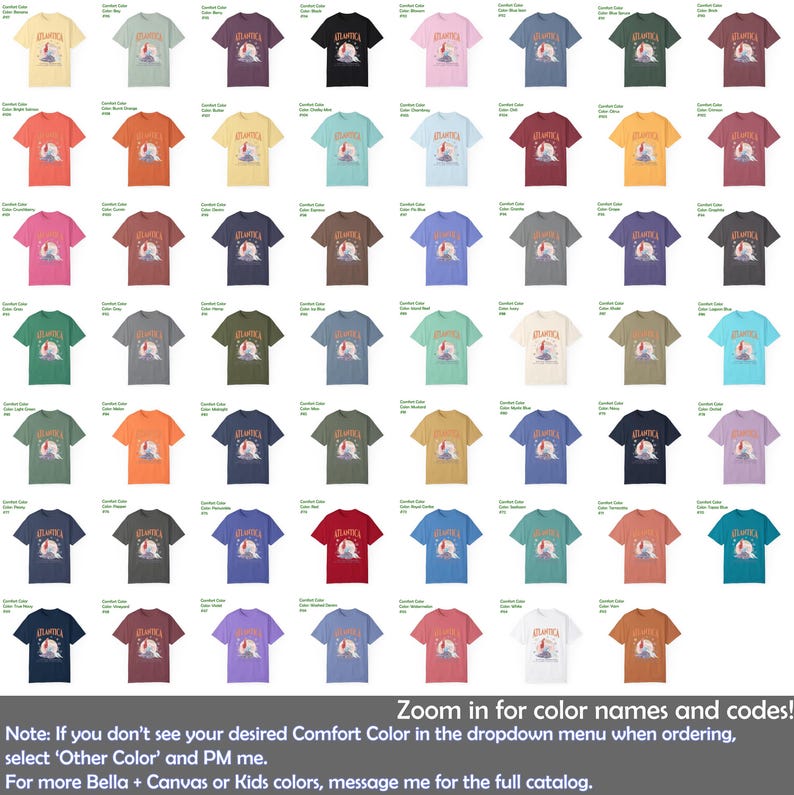 Peut inclure: Un tableau de 49 t-shirts de diff&eacute;rentes couleurs avec le mot "Olympia" imprim&eacute; sur chaque t-shirt. Les t-shirts sont dispos&eacute;s en grille. Zoom pour voir les noms et les codes des couleurs.