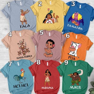Moana Character Tee, Disney Moana Family Shirts, Customizable Disney Shirts Featuring Maui, Gramma Tala & Rooster, Disney Gift image 1