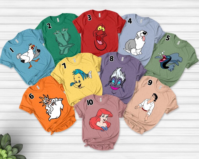 Little Mermaid Character Tee, Ariel Princess Shirt, Disney Flounder Sebastian Scuttle, Matching Family Disney Shirt, Kids Tee afbeelding 1
