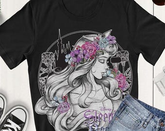 Disney Princess Sleeping Beauty Aurora Floral Sketched Portrait T-Shirt, WDW Magic Kingdom, Disneyland Trip Family Vacation Gift Idea
