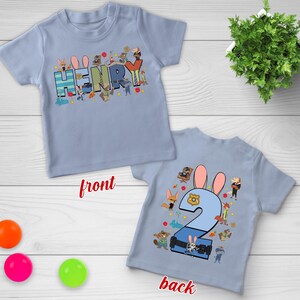 Maglietta di compleanno personalizzata di Zootopia, maglietta per feste per bambini con nome per maschietti e femminucce, completo con animali dei cartoni animati per bambini piccoli immagine 2