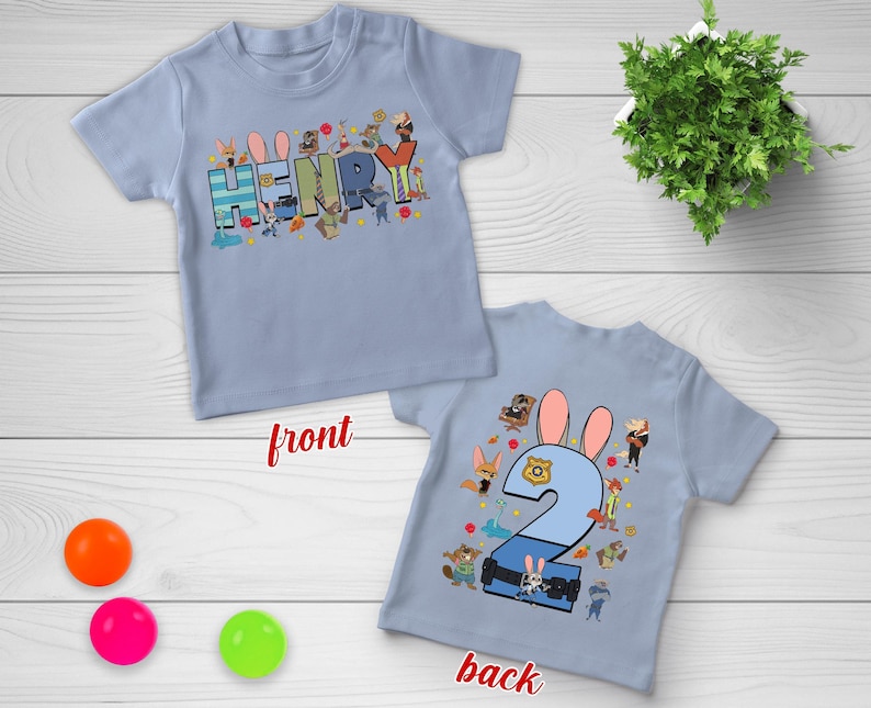 Maglietta di compleanno personalizzata di Zootopia, maglietta per feste per bambini con nome per maschietti e femminucce, completo con animali dei cartoni animati per bambini piccoli immagine 2