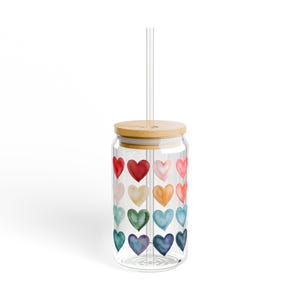 Colorful Hearts Glass Can – Aesthetic Iced Coffee Cup with Bamboo Lid & Straw