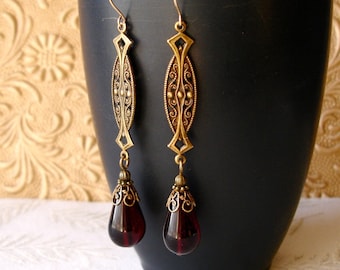 Victorian Earrings Edwardian Art Deco Nouveau Garnet Glass drop GoldFilled January Birthday Wedding Anniversary Mother's Day Prom Graduation