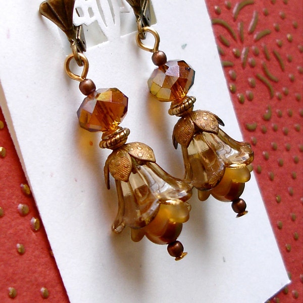 Gypsy Skirt  Earrings - Coffee Lucite Flowers Brass Leaves Swarovski Pearl Cognac Crystal Vintage Edwardian Victorian