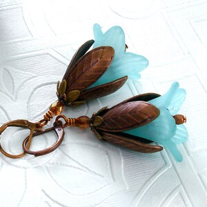 Rustic Minimalist Nature Inspired Earrings Copper Leaf Leaves & Springtime Aqua Turquoise Lucite Lily Spring Flower Earrings