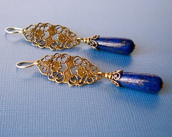 Lapis Earrings Victorian Art Nouveau Filigree Teardrop 14kt Gold Filled Unique Vintage Wedding Bridal Mother of Bride Maid Honor Bridesmaid