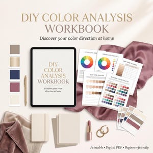 May include: A DIY color analysis workbook displayed on a tablet screen alongside printed pages featuring color wheels, skin tone charts, and seasonal palettes. Includes a gold pen, lipstick, gold hoop earrings, and fabric swatches in mauve and beige.