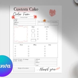 Peut inclure: Un formulaire de commande de gâteau personnalisé avec des sections pour les détails du client, les spécifications du gâteau et les informations de paiement. Le formulaire comprend des champs pour le nom, l'e-mail et le téléphone, avec des options pour la forme, la taille, la saveur, la garniture et le glaçage du gâteau. Le logo Canva est visible.