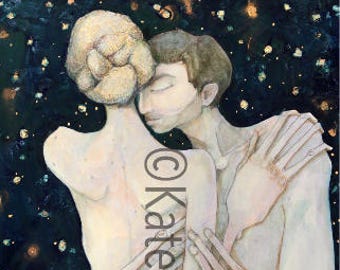 Art Print of Dancing Embracing Couple Under Star Filled Night Celestial Zodiac Sky