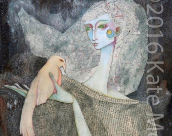 Fantasy Portrait of a Girl Holding her Sacred Bird Stylized Contemporary Figurative Wall Art Print, Wall Decor, Fine art