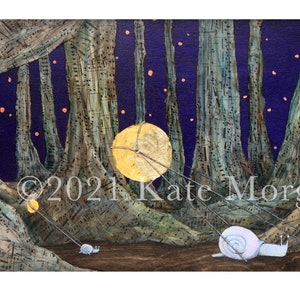 A whimsical forest scene print by Kate Morgan Art features two white snails pulling golden lanterns through tall, textured trees with sheet music patterns. A starry night sky and a full moon illuminate the surreal landscape