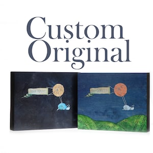 May include: Two wooden signs with a blue night sky background and a snail carrying a hot air balloon. The balloon is a circle with a yellow and orange design. The signs have a green landscape at the bottom. The text on the signs reads "Your Name" and "Shadowbee".