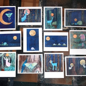 12 Blank Fine Art Greeting Cards with Envelopes of Assorted Woodland Animals including Snails Luna Moth Deer Birds