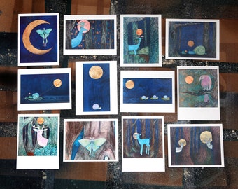 12 Blank Fine Art Greeting Cards with Envelopes of Assorted Woodland Animals including Snails Luna Moth Deer Birds