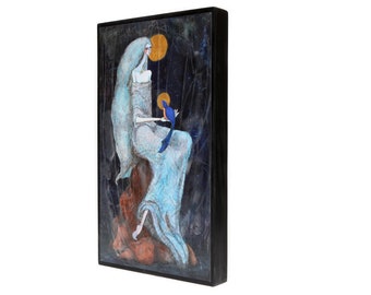 Large Ready To Hang Night Siren Goddess holding Bird Full Moon Art Print, Siren Art, Mermaid Art, Sacred Art, Animal Spirit