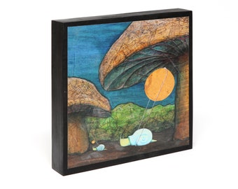 Snail Parent/Child, Teacher/Student Pulling Moons through a Mushroom Forest Mounted, Contemporary Frameless Art Print Ready to Hang