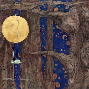 May include: A painting of a golden moon with a blue and brown background. The moon is hanging from a rope and a small green snail is on the rope. The background is made of musical notes and has a blue and gold pattern.