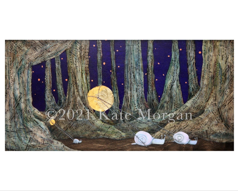 A whimsical forest scene print by Kate Morgan Art features two white snails pulling golden lanterns through tall, textured trees with sheet music patterns. A starry night sky and a full moon illuminate the surreal landscape