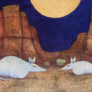 Purple Armadillo Friends in a Southwest Desert Mesa Cactus Landscape with Full Gold Moon Art Print