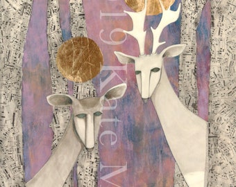 Woodland Creature Hide & Seek Deer, Doe, Buck, Stag in Forest Birch Trees at Sunset with Pink Sky Gold Halo Moons Art Print