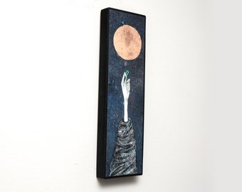 Hand Holding 4 Leaf Clover to a Full Gold Moon Mystical Wall Decor, Tall Skinny Vertical Art, Celestial Offering, Lucky Irish Blessing