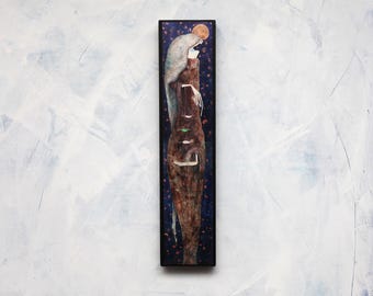 Tall Skinny Etherial Woman Artwork with Floating Feathers