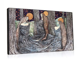 Three Forest Sisters with Moons, Horizontal Art Print, Ready to Hang, Witchcore, Tarotcore, Esoterica Tribal Feminine Energy Decor
