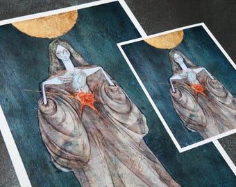Draped Female Figure with Starburst Heart Art Print Reproduction, Wall Decor