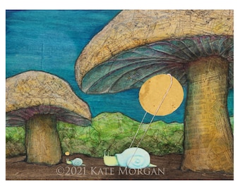 Mushroom Snail Family Journey on Vacation pulling Moon Balloon Contemporary Fable Nature Print