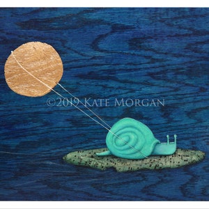 Green and Blue Snail Towing a Moon While Riding a Lily Pad on Calm Water Illustration Art Print