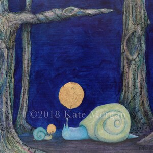 A whimsical painting of two snails, one large and one small, facing each other on blue ground beneath twisted trees. A gold, glowing orb floats between them against a deep blue night sky.