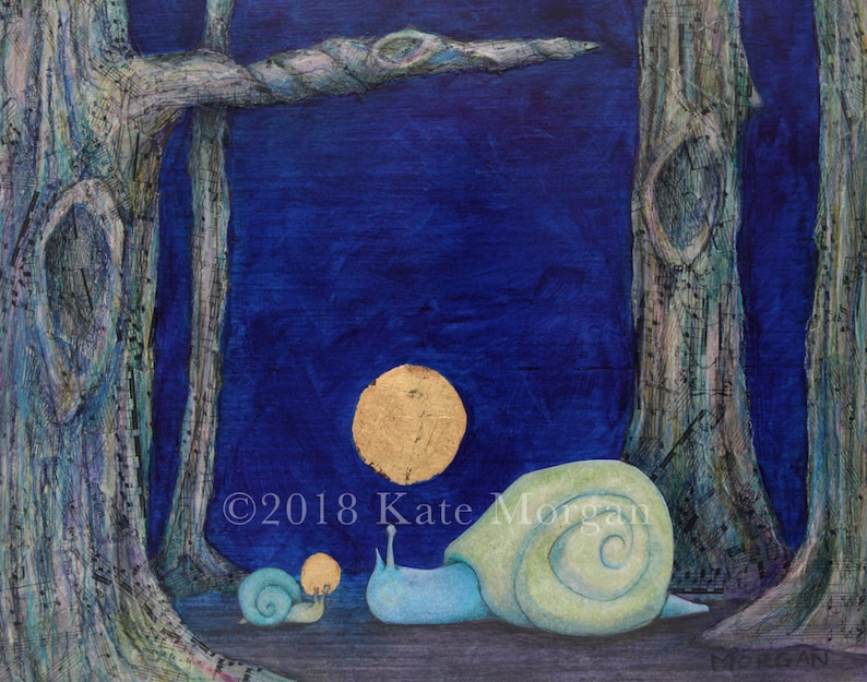 A whimsical painting of two snails, one large and one small, facing each other on blue ground beneath twisted trees. A gold, glowing orb floats between them against a deep blue night sky.