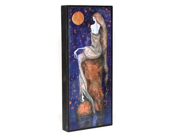 Surreal Fantasy Lilac Siren Mermaid Sitting on her Sea Throne under a Full Moon Mounted, Contemporary Frameless Art Print Ready to Hang