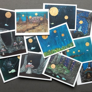 12 Blank Fine Art Greeting Cards with Envelopes of Assorted Adventure Snails in Space, Flying Snails, Forest Snails and Mushroom Snails