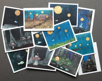 12 Blank Fine Art Greeting Cards with Envelopes of Assorted Adventure Flying Snails in Space, Forest Snails and Mushroom Snails