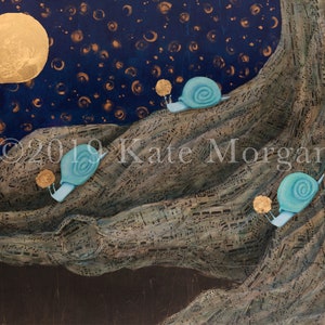 May include: Three blue snails with gold accents crawl up a hill made of sheet music under a full moon and a starry night sky.