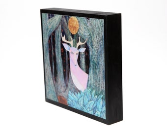 Pink Deer, Stag, Buck, Animal Spirit In Magical Musical Forest Art Block Mounted Reproduction