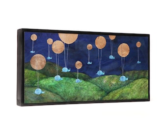 Floating Hot Air Ballon Snail Family Night Explorer Paratroopers Illustration Mounted, Contemporary Frameless Art Print Ready to Hang