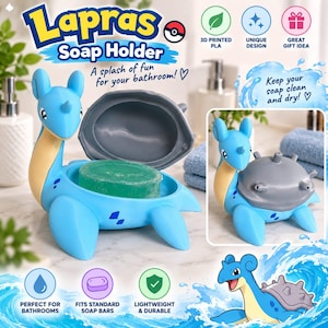 May include: A light blue and cream-coloured Lapras soap holder with a grey shell lid. The product is shaped like the character Lapras, featuring a hollow centre for a bar of soap. Text on the image reads Lapras Soap Holder, A splash of fun for your bathroom!, and Keep your soap clean and dry!.